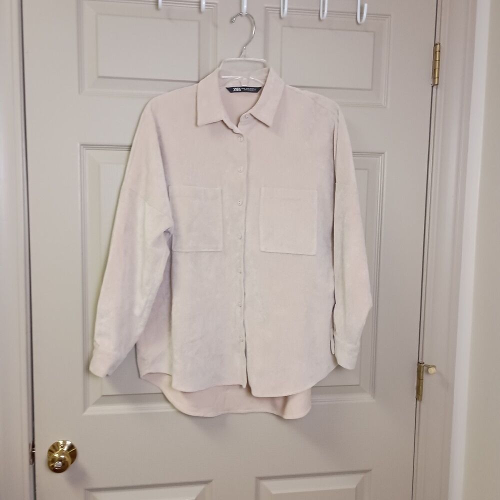 Zara Womens Shacket Shirt Jacket Med Beige Button Front Long Sleeve Corduroy